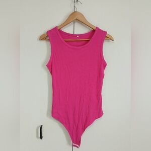 Pink Ribbed Bodysuit Sleeveless Snap Crotch XL Stretchy Barbiecore